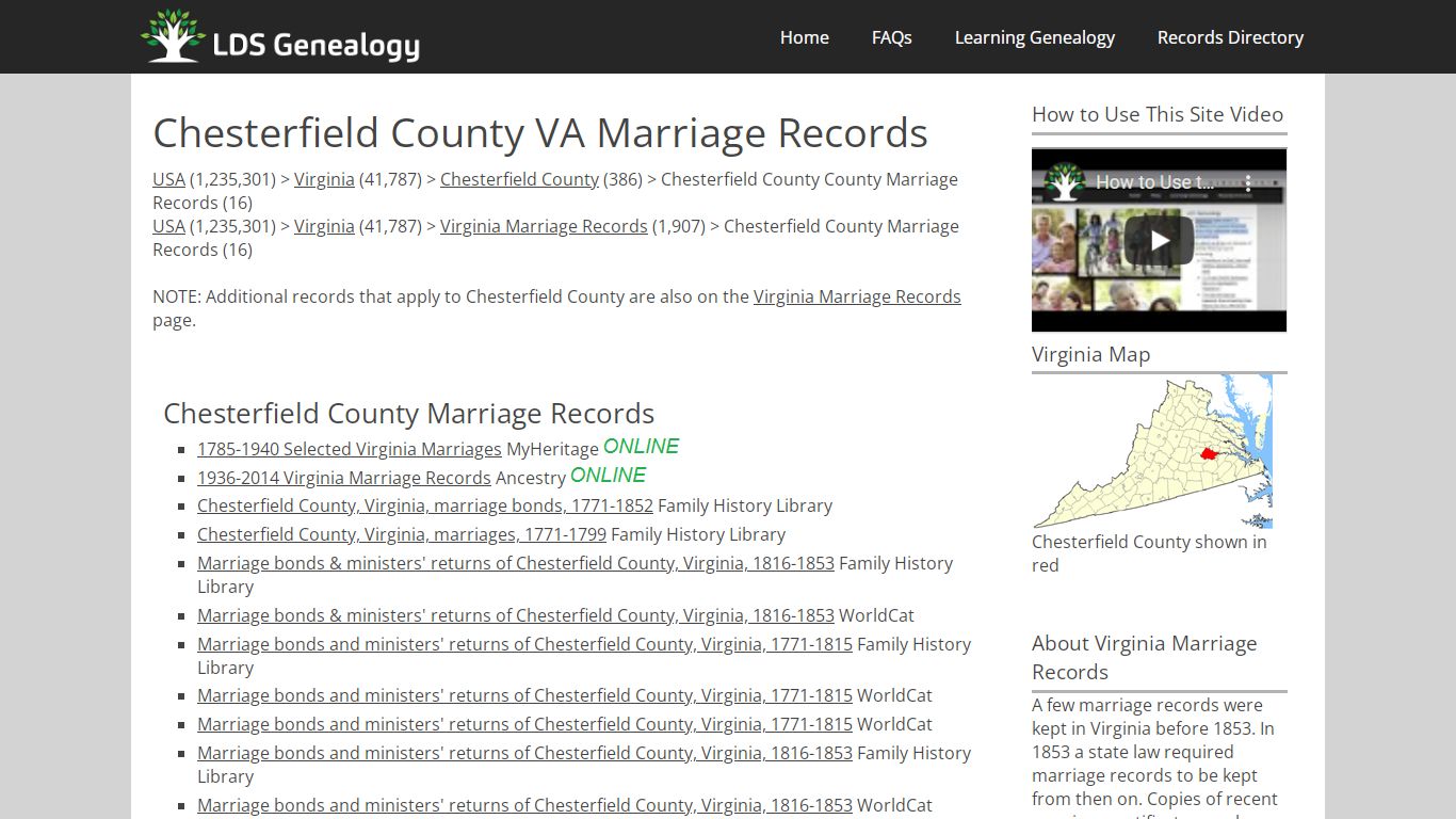 Chesterfield County VA Marriage Records - ldsgenealogy.com