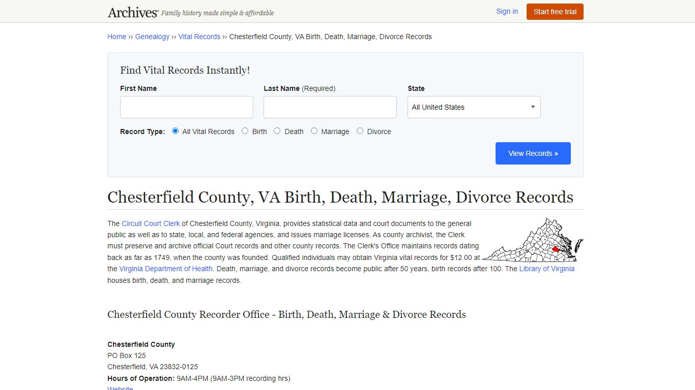 Chesterfield County, VA Birth, Death, Marriage, Divorce Records