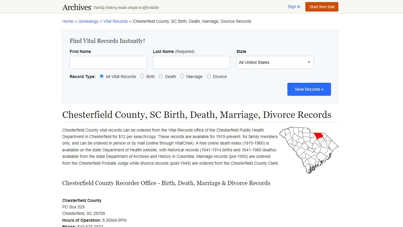 Chesterfield County, SC Birth, Death, Marriage, Divorce Records