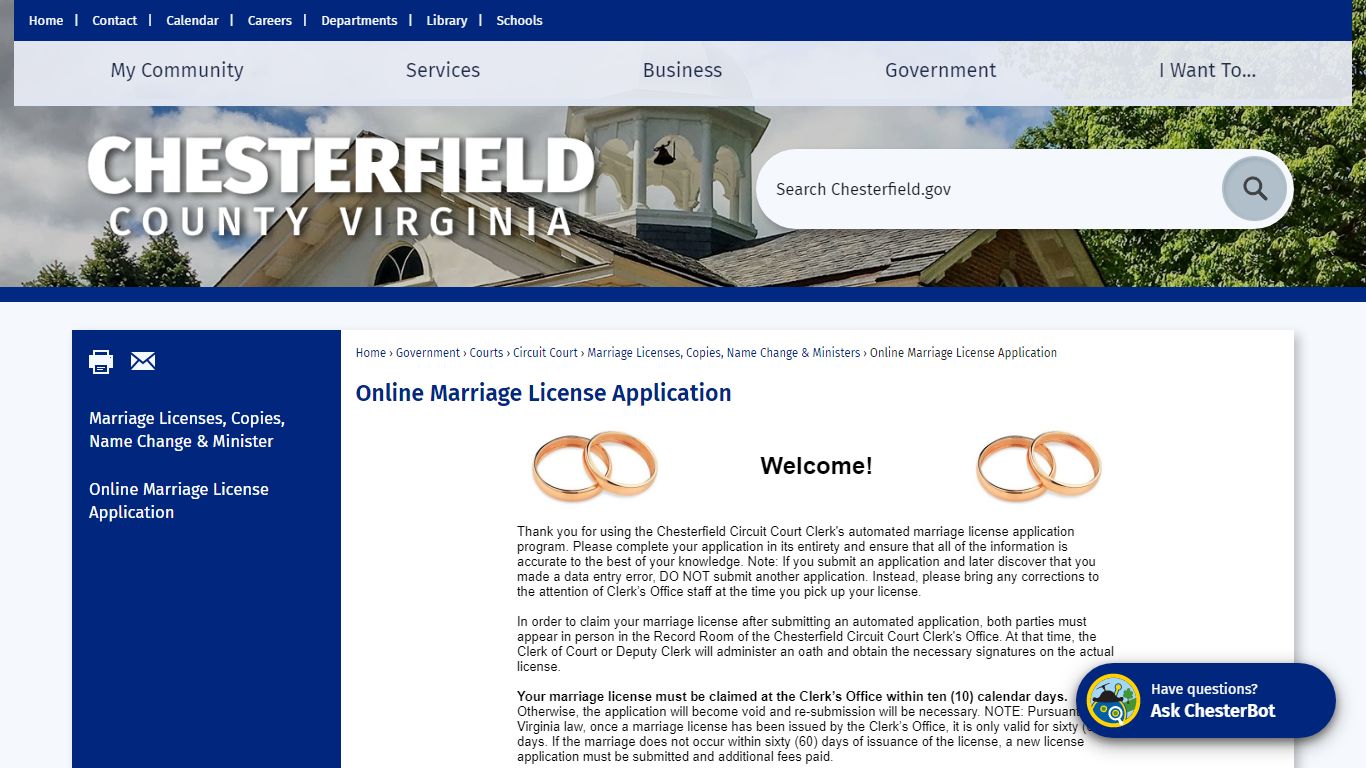 Online Marriage License Application | Chesterfield County, VA